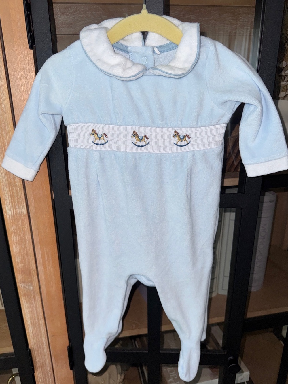 Rocking horses smocked coverall velour peter pan collar baby boy romper footies